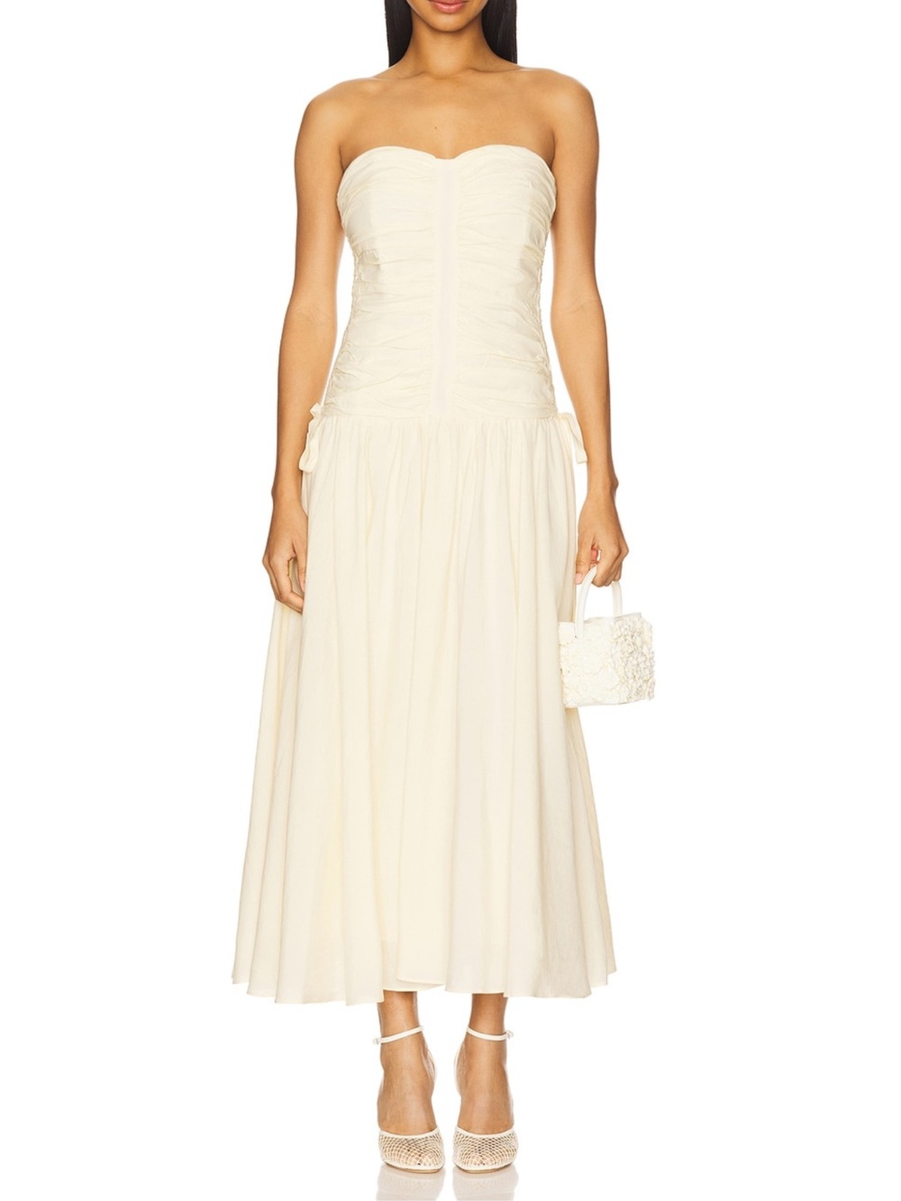 Astr Cream Strapless Ruffle Midi Gown